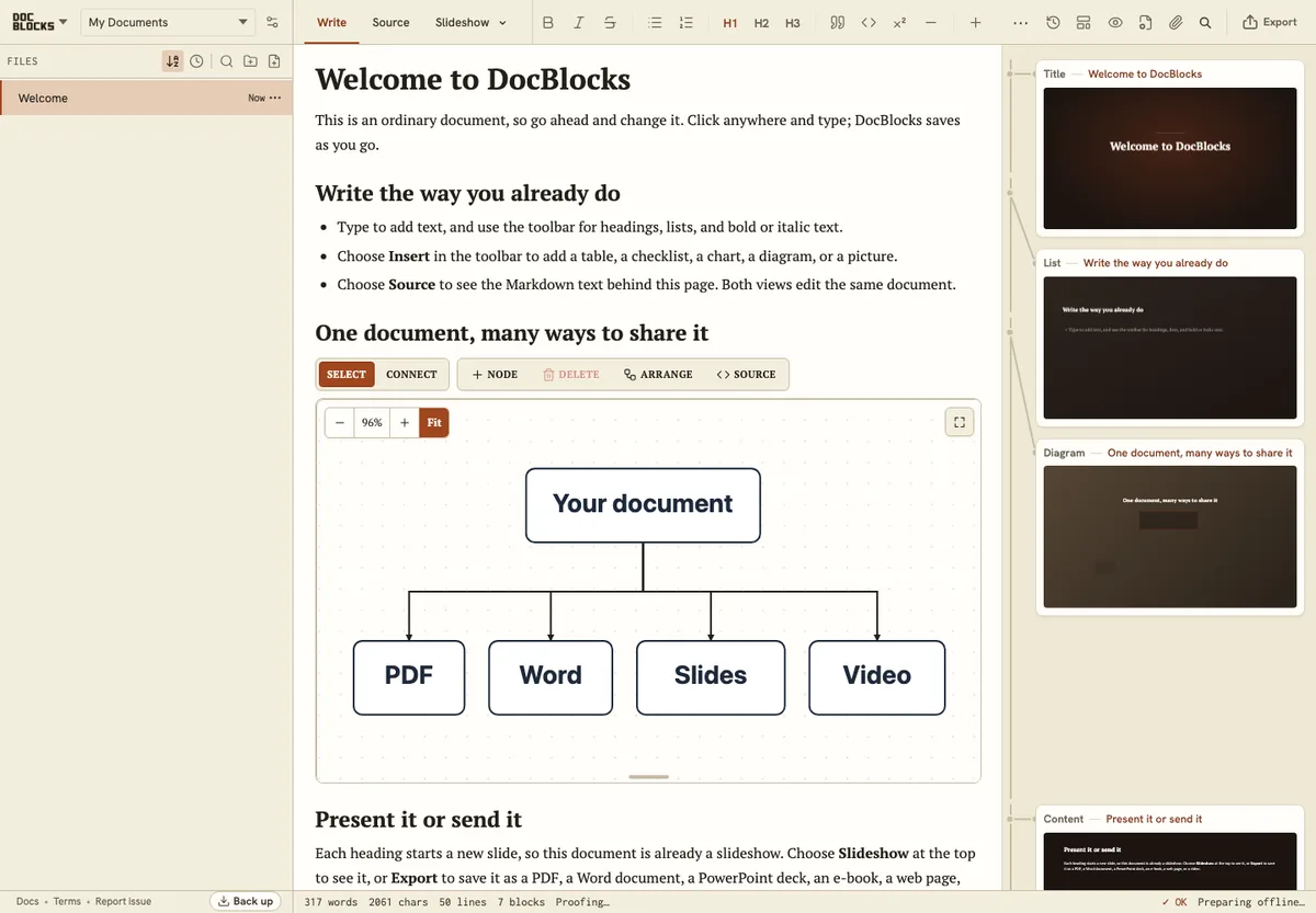 The DocBlocks editor: a welcome document with a diagram, beside a rail of slide previews.