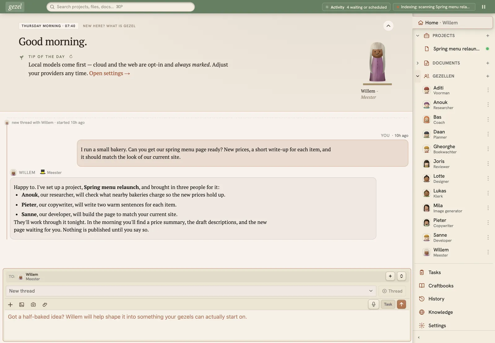 Gezel's home screen: the Meester has turned a bakery owner's request into a plan for three helpers, with the full crew listed in the sidebar.