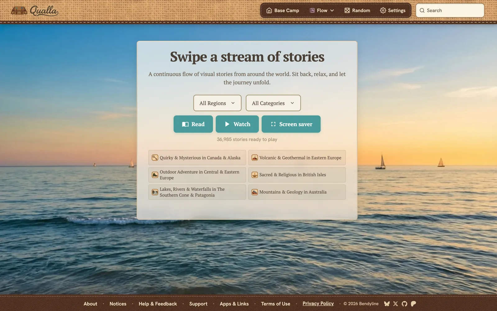 Qualla's Flow screen: “Swipe a stream of stories” over a sunset sea, with region and category picks.